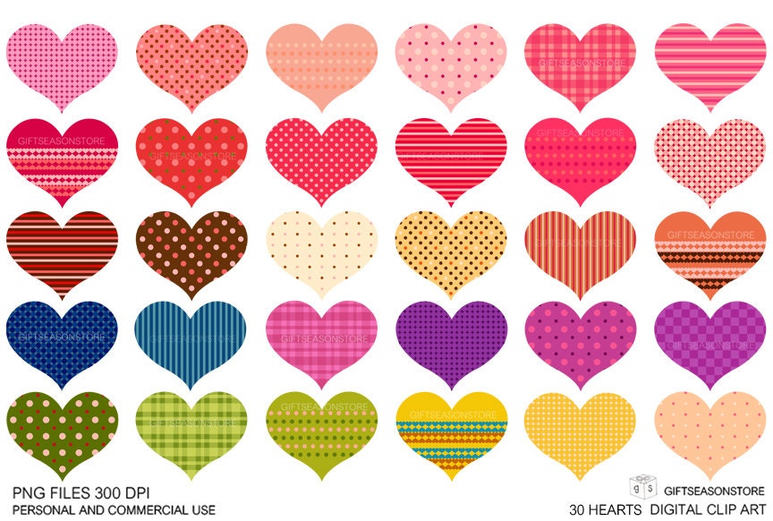 30 Hearts Digital clip art for Personal and Commercial use - INSTANT DOWNLOAD