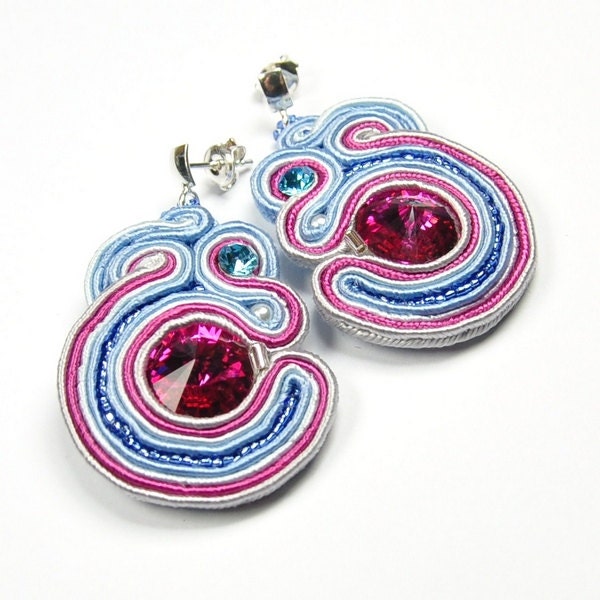 Soutache Earrings with Swarovski Crystal. Hand Embroidered Soutache Earrings. Rose Earrings. Soutache Jewelry.