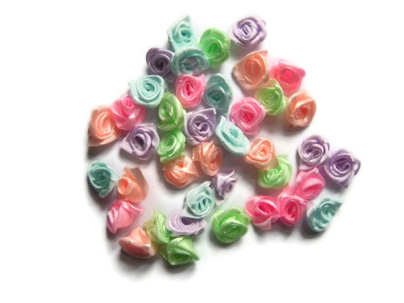 40 satin ribbon roses appliques embellishments, pastel shades.