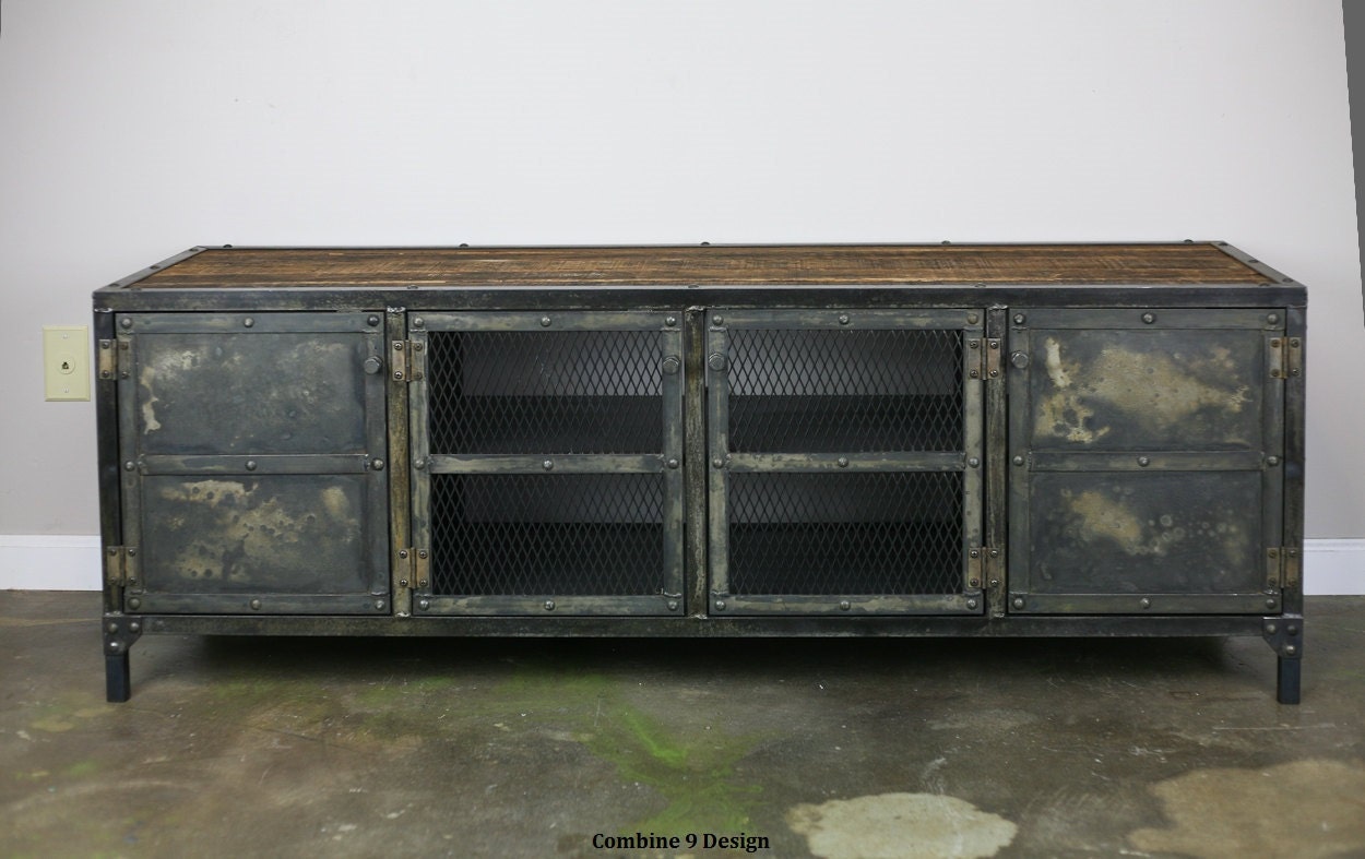 Vintage Industrial Media Console/Credenza. Reclaimed wood top & Steel. Great urban/modern design. Custom Configurations. (Buffet/sideboard)