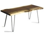 Black Walnut Coffee Table with brushed steel hairpin legs- Modern Rustic Solid Slab -Live Edge Handcrafted Office Waiting Room Table 1074