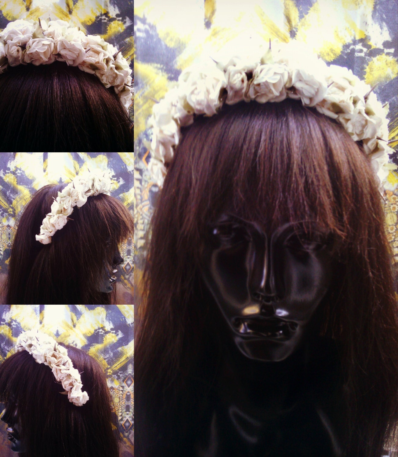 White Paper Rose Floral Headband w/ Silver Spikes