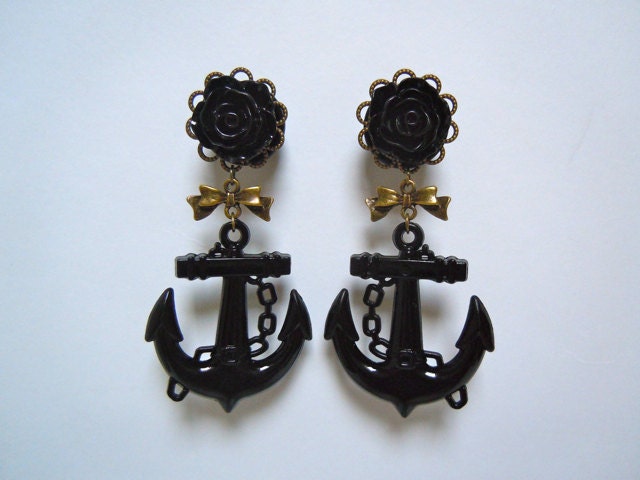 Black Rose and Anchor Plugs with Antique bronze filigree and bow 9/16g (14mm) or 5/8' (16mm) gauge for stretched ears by Gauge Queen