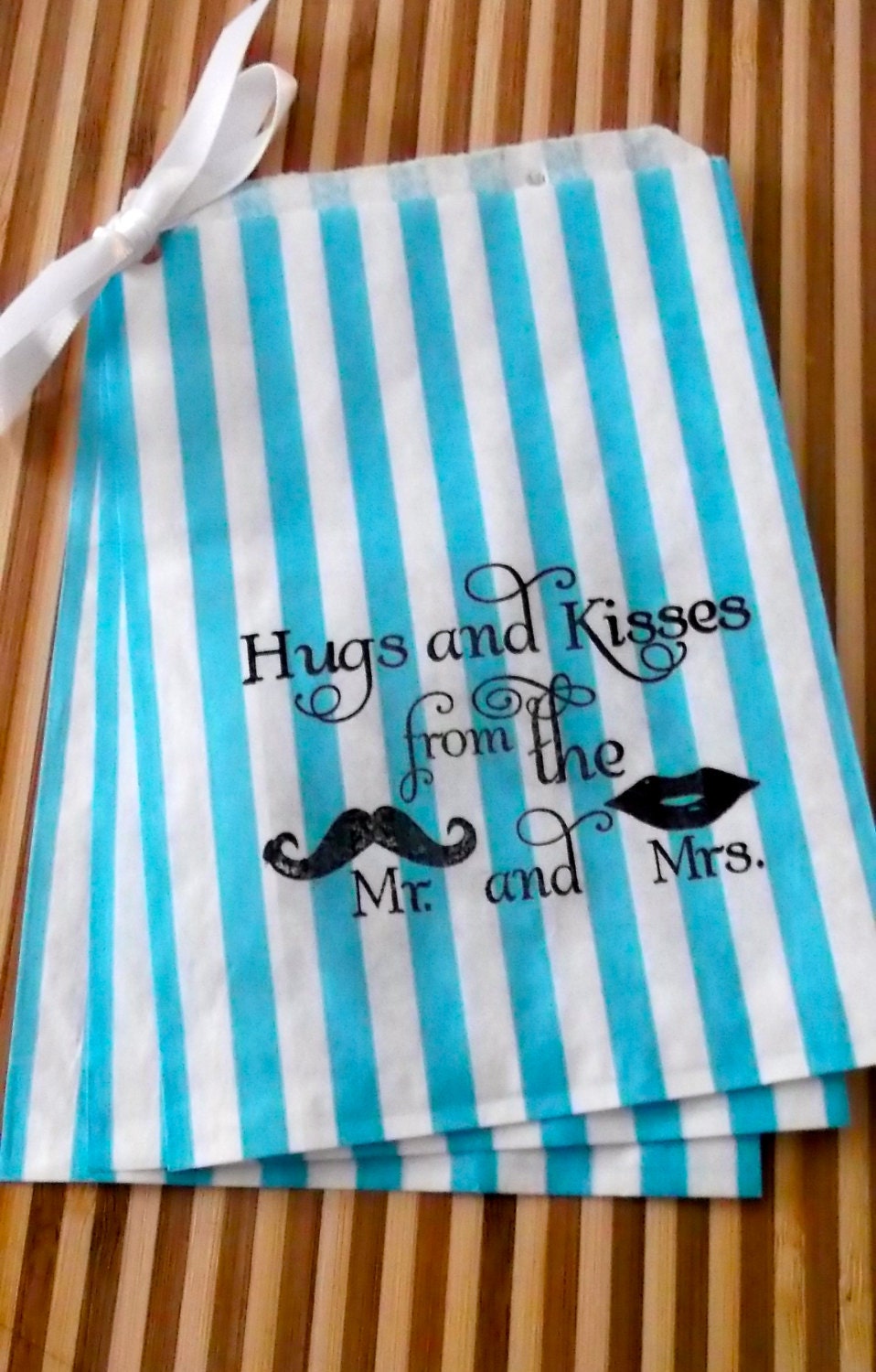 50 Turquoise blue stripe 'Hugs and Kisses...' candy buffet bags, wedding cake bags,candy station bags, favor bags