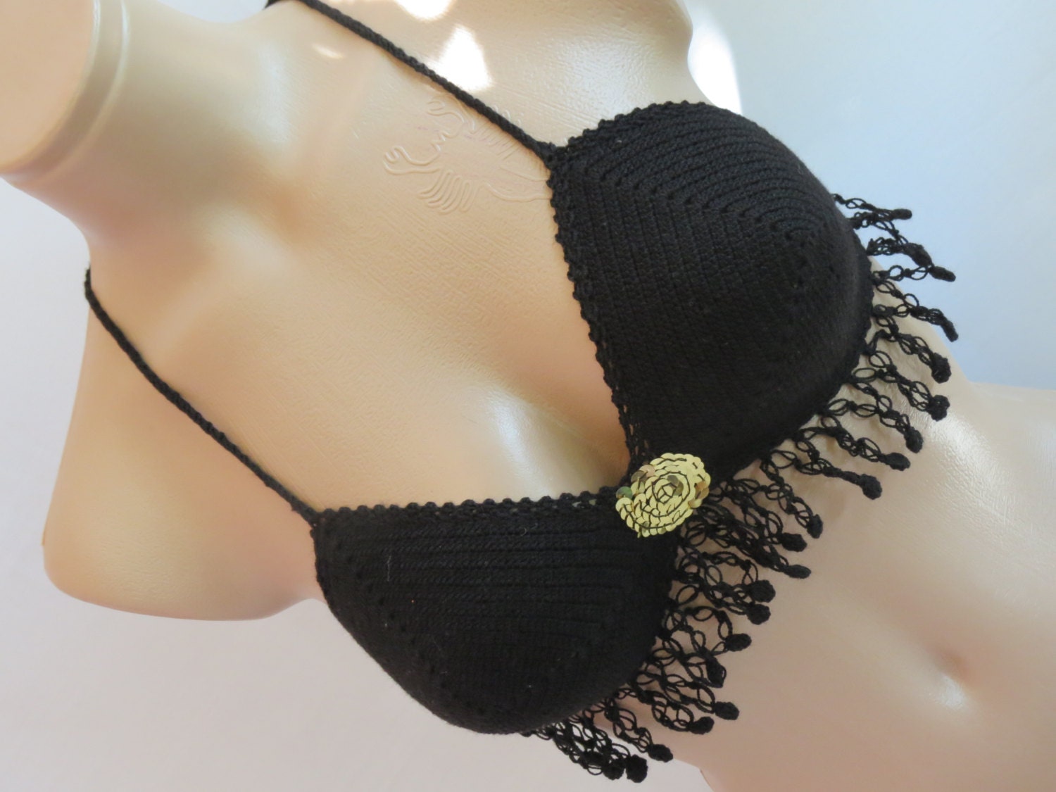 Hand made crochet lingerie black bra, Knitting underwear, swimwear, special for the night.