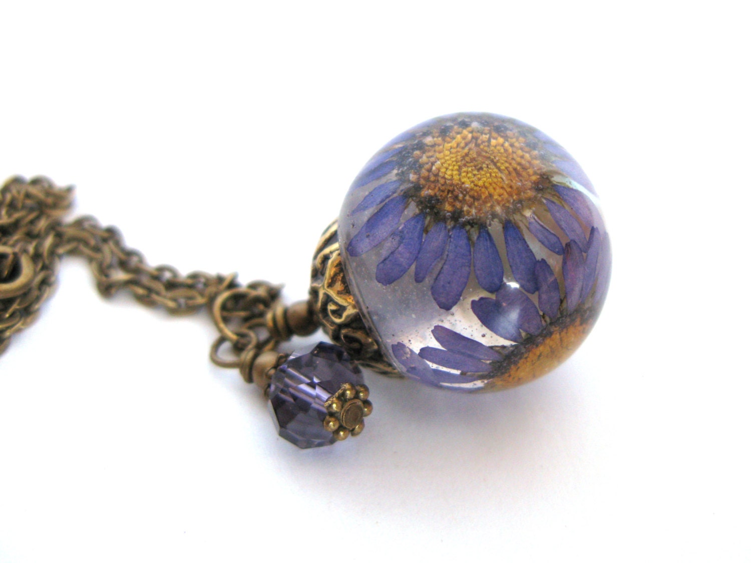Blue Daisy Resin Pendant Necklace Sphere - real daisies encased in resin orb, Pressed Flower Jewelry