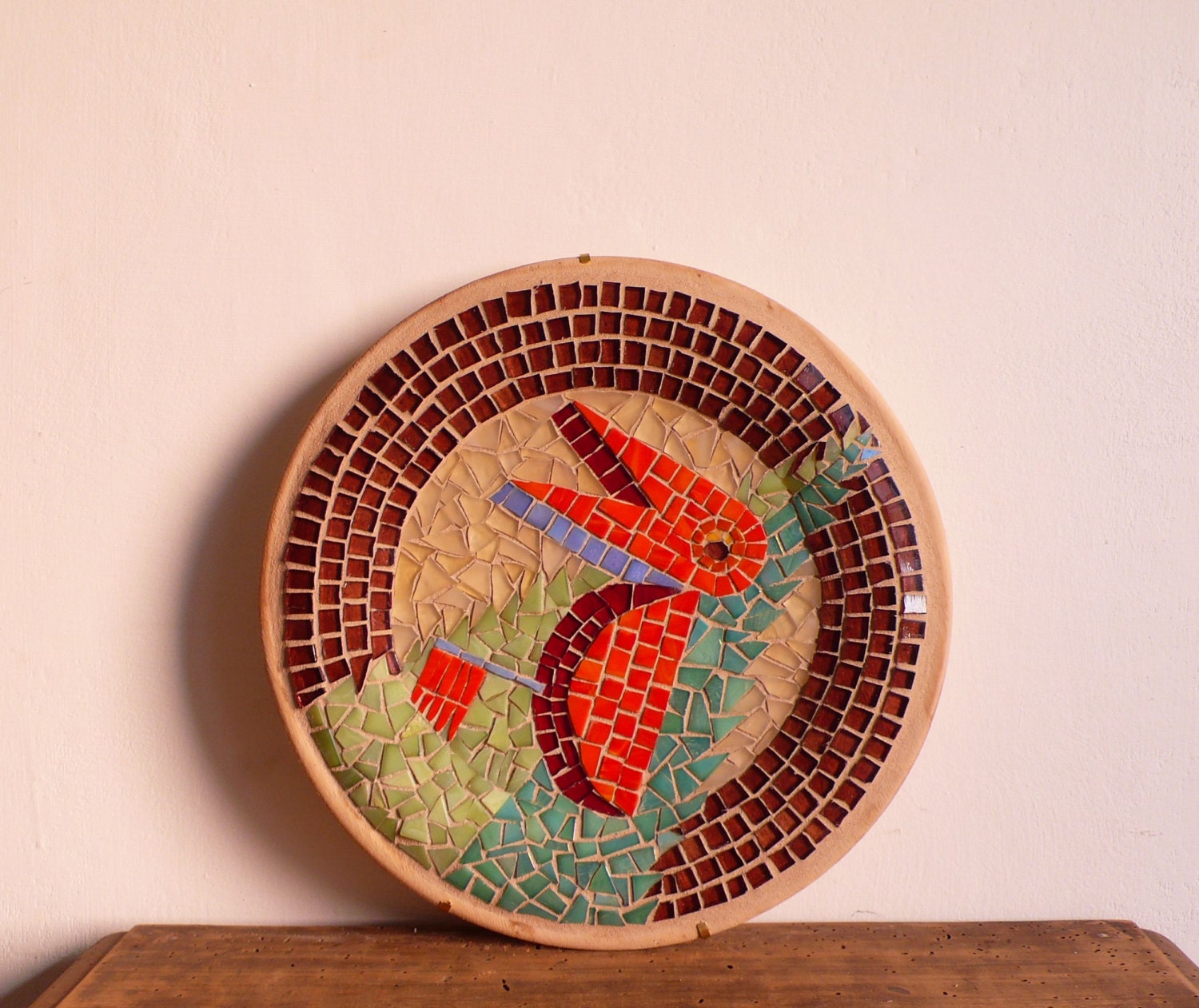 red, burgundy, green, art glass mosaic on wood plate - La Congiura Dei Passeri 1928 Depero futurisme - animal, bird, nature