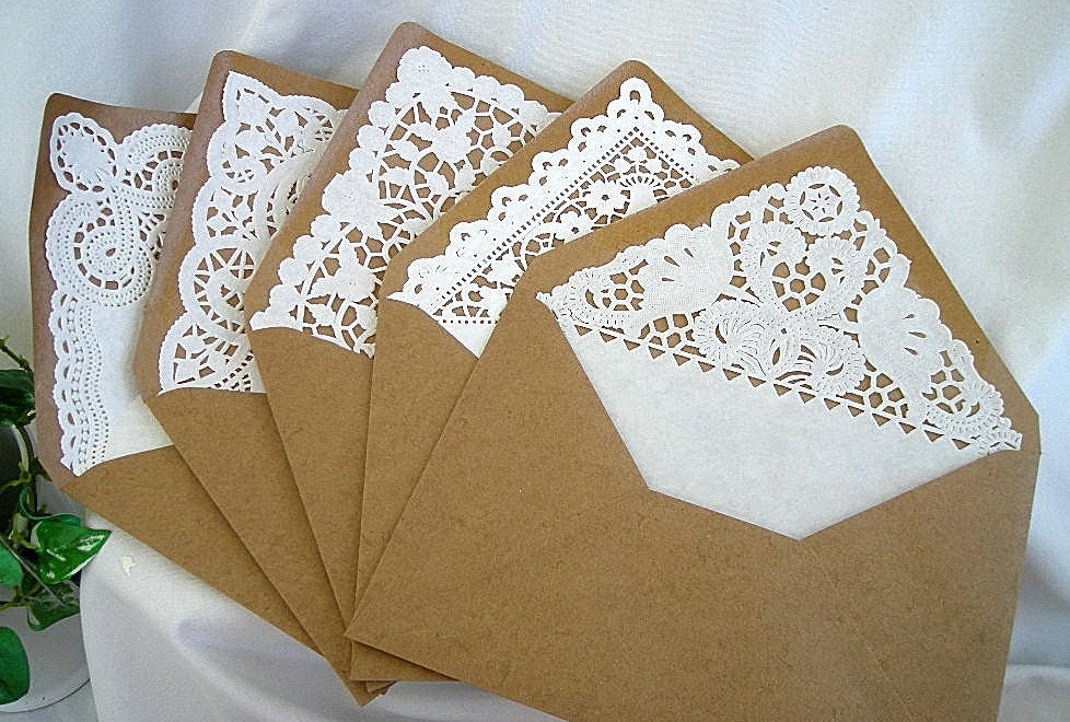 Kraft, Doily Lace Lined Envelopes Vintage Rustic Handmade Shabby Chic Wedding Invitaion Envelopes A7 Size 50 Piece Set