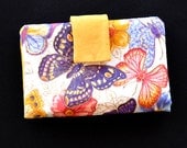 Spring Butterfly Wallet Clutch in Yellows, Purples, Blues, Reds and Beige with Zippered Change Compartment, 3 Card Holders and Two Pockets