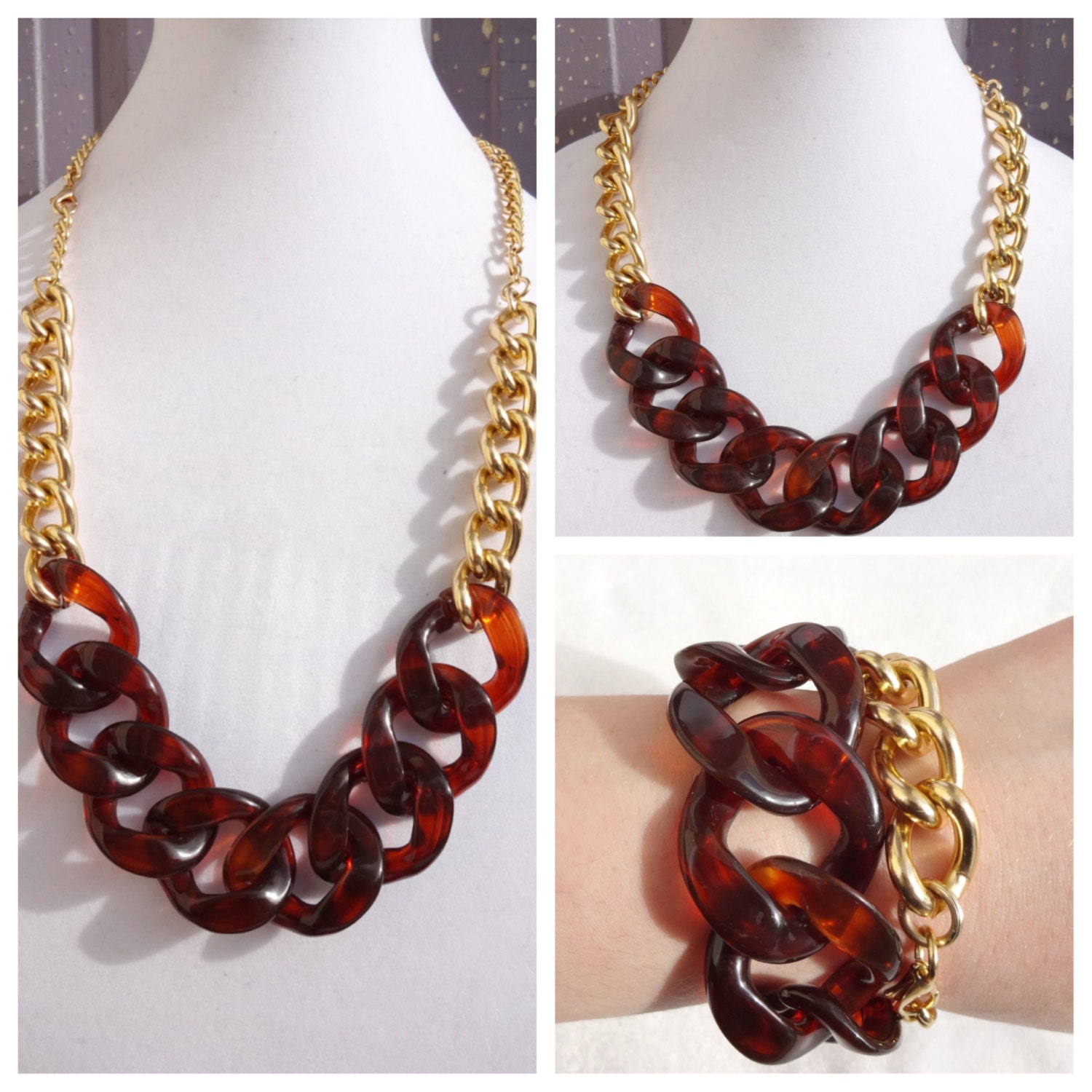 Gold Statement Necklace Bracelet 3in1 chunky necklace statement jewelry bib gold chain link VOGUE