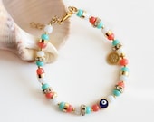 Summer bracelet powder pink turquoise gemstone evil eye dragonfly sultan's signature coin charms istanbul ethnic arabic - asteriascollection