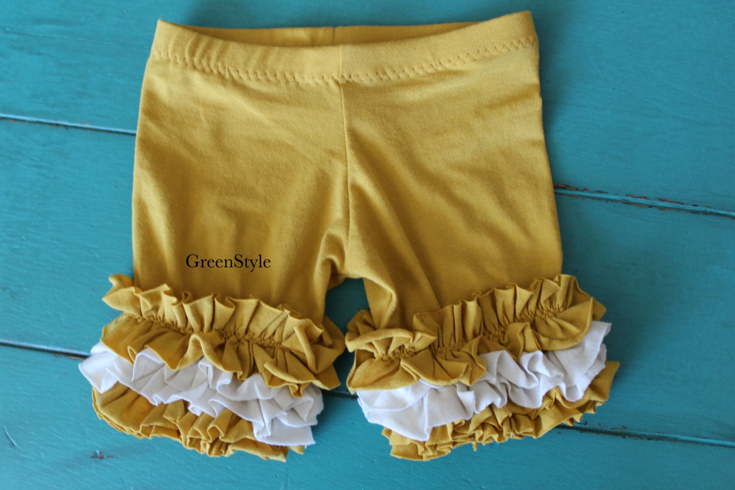 Ruffled shorties in Mustard Yellow and cream  from GreenStyle