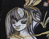Beautiful Mixed Media Painting of Urban Graffiti Style Woman Surrounded in Cherry Blossoms