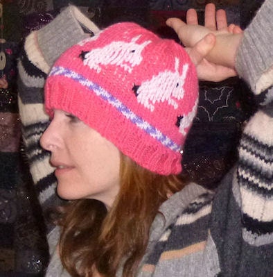 bunny hand knitted beanie hat pink white and blue with rabbit motif