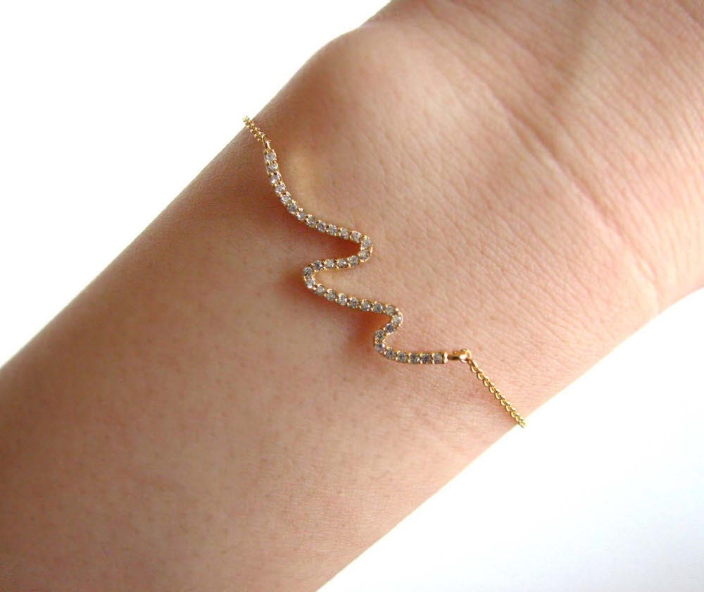 Tiny crystal wave gold bracelet-minimal jewelry-Sideways crystal charm