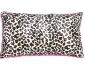 Handmade double sided minky faux fur lounge pillow in cheetah print with hot pink curly minky back punk teen rock rockabilly animal print