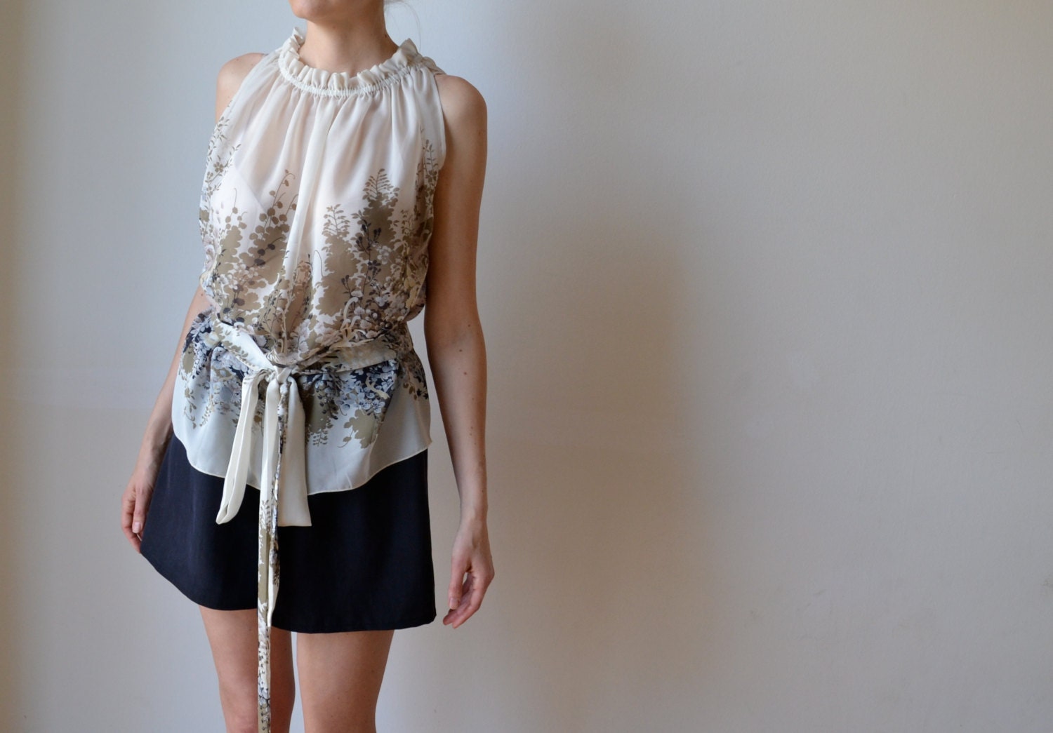 Cream silk top blouse. Floral print. High neck blouse. One size fits many.
