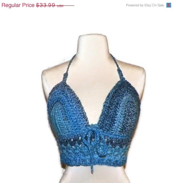 ON SALE Halter Tank Top Organic Wool Blue Spring Fashion Bohemian Style