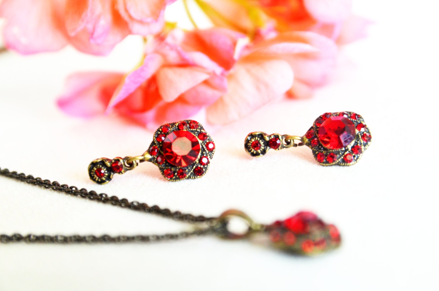 antiqued brass jewelry set red burgundy swarovski art deco crystal rhinestone necklace earrings wedding jewelry bridesmaids jewelry set