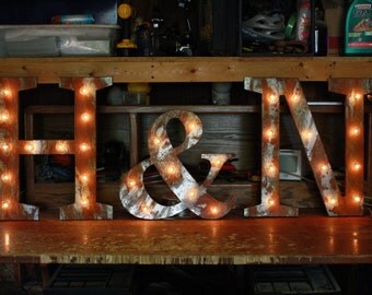 18" Rusted metal letter, light, distressed, wedding, vintage chic, decor