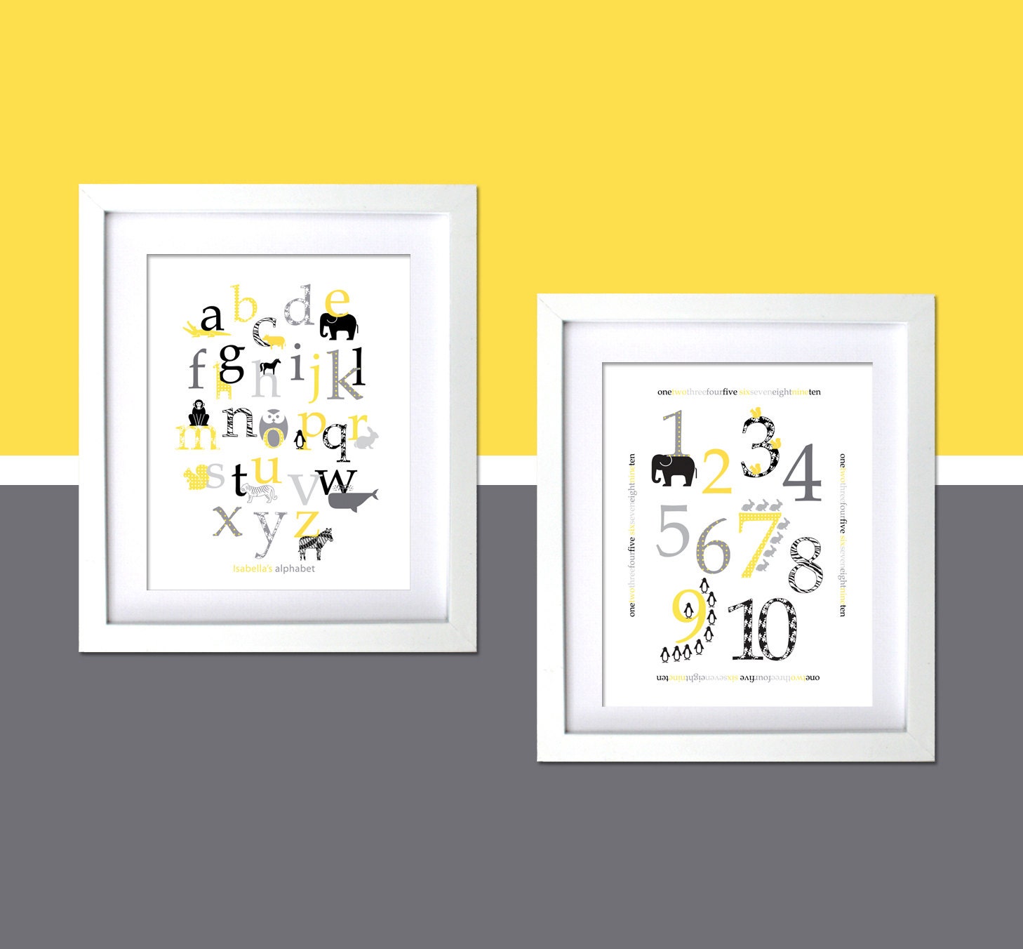Personalized prints for kids room, Retro Animal Alphabet and Numbers in gray yellow black colors and patterns, Baby Nursery Prints, 11x14