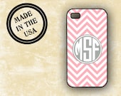 Personalized Iphone 5 case, Iphone 4 case - Soft pink chevron light gray monogram - Iphone 4s case, Iphone 4 cover, plastic, silicone (9764)