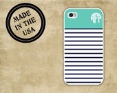 Nautical themed iPhone case - Tiffany blue with navy white stripes - personalized Iphone 4s case 4, Iphone 5 case, silicone or rubber (9967)