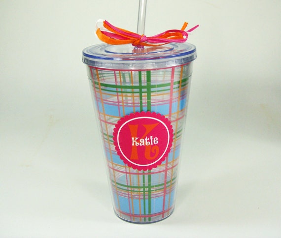 Personalized Double Wall Tumbler With Vinyl Decal Monogram Name And Initial, BPA Free, Pink, Blue  And Green, 24oz.