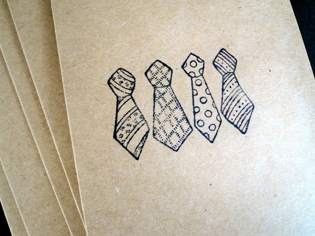 Masculine Note Card Set, Handstamped, Neck Ties for Dad, Blank Notecards, Handmade Gift for Friends, Kraft Cards, Gift Wrap