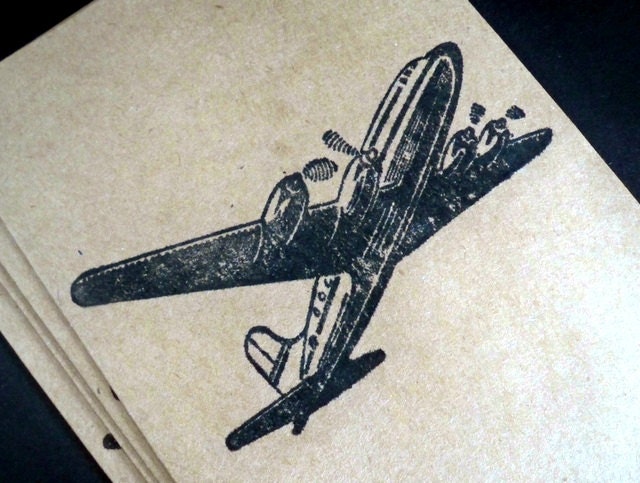 Airplane Note Card Set, Handstamped, For Guys - For Men, Blank Notecards, Handmade Gift for Friends, Kraft Cards, Party Invites