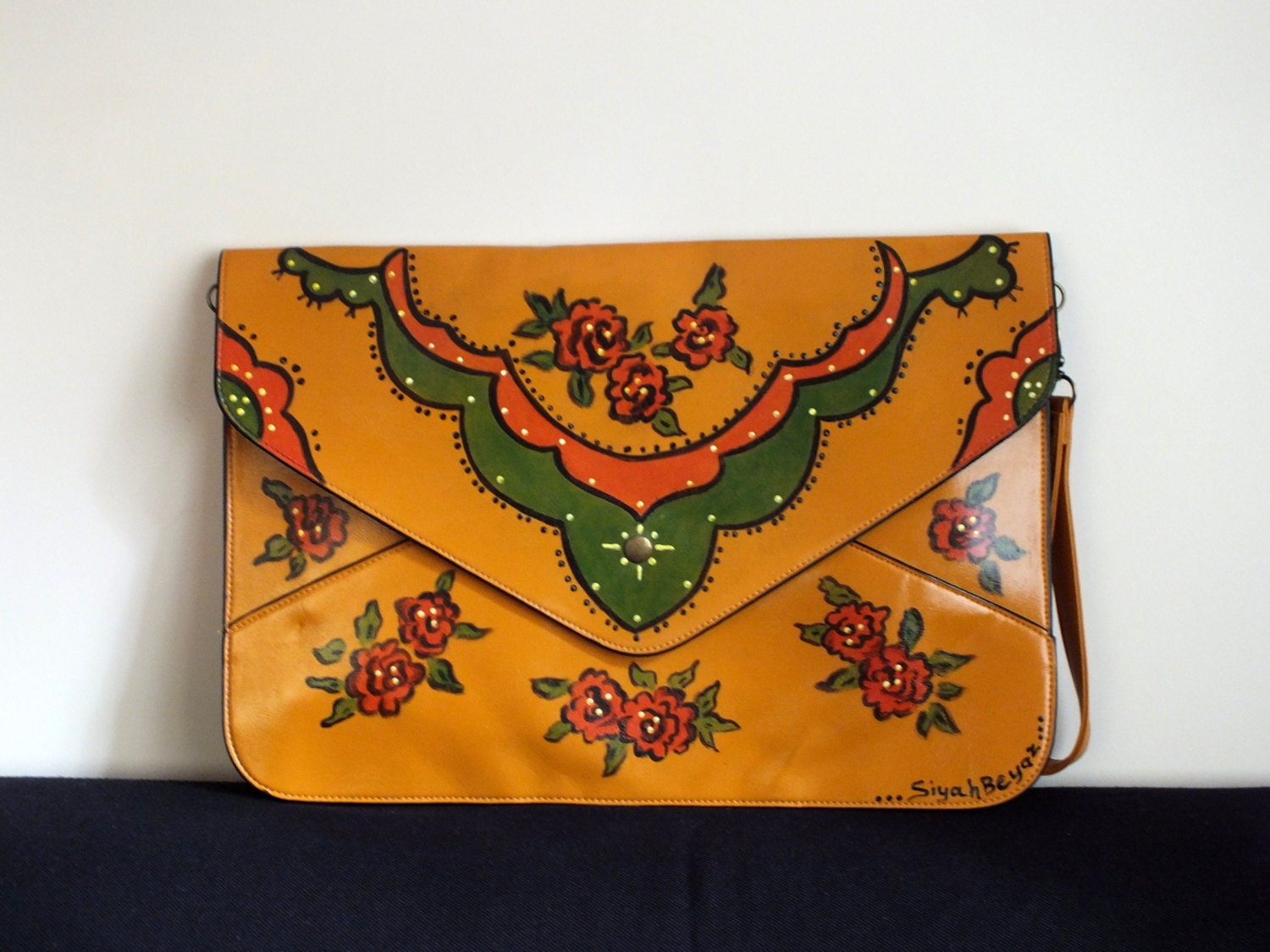 Orange I pad bag , vintage style envelope bag, faux leather, handpainted ROSES
