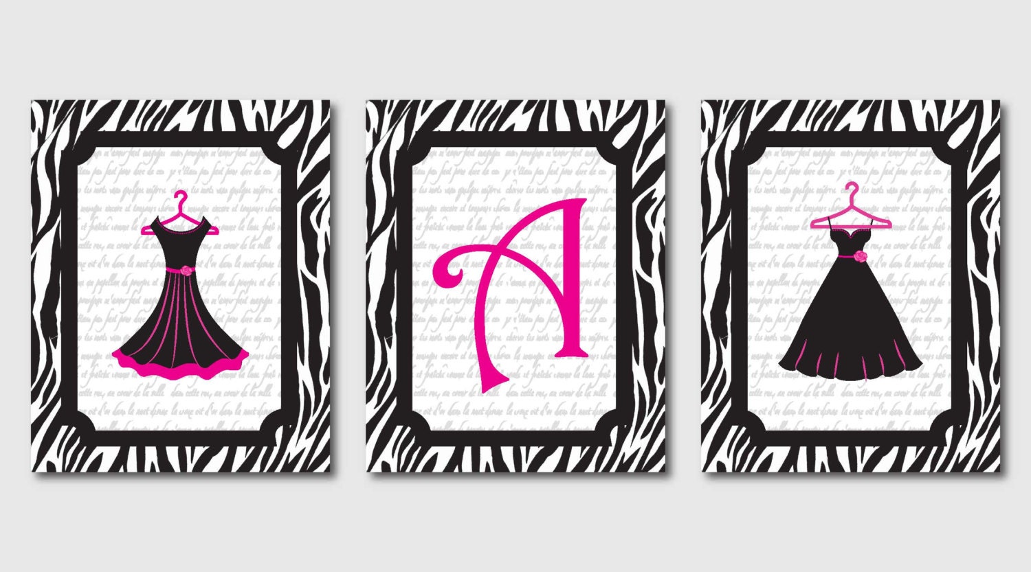 Monogram Art Trio - Little Black Dress - Zebra print with French Script and hot pink - 8 x 10 - Set of three