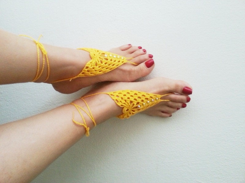 Yellow  Barefoot Sandals, Nude shoes, Foot jewelry, Wedding, Victorian Lace, Sexy, Lolita, Yoga, Anklet