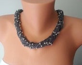 Grey Hand-crochet Rope Necklace with silvery glass beads,, Necklace, Crochet Necklace, Feminine, Trendy, Infinity,  prom,wedding