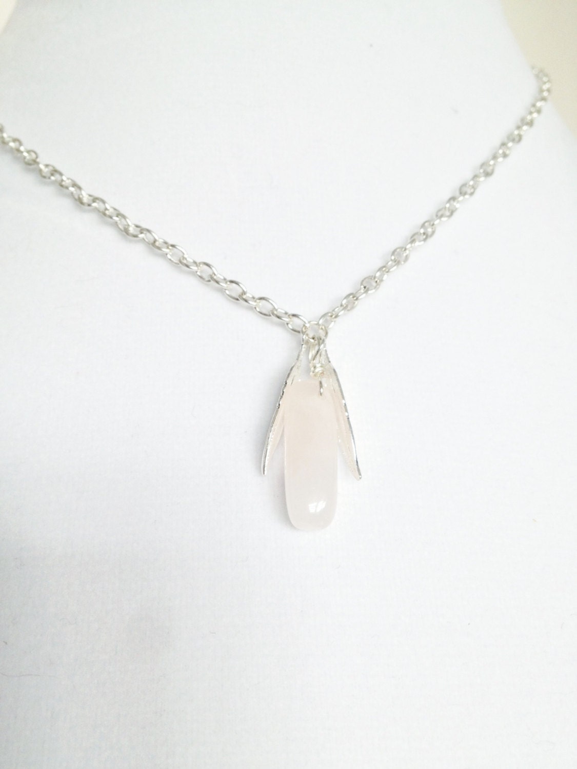 Rose Quartz Crystal and Feathers Love Necklace - Reiki Crystal Healing Jewelry - 18" Silver Plated Chain - Nickel Free