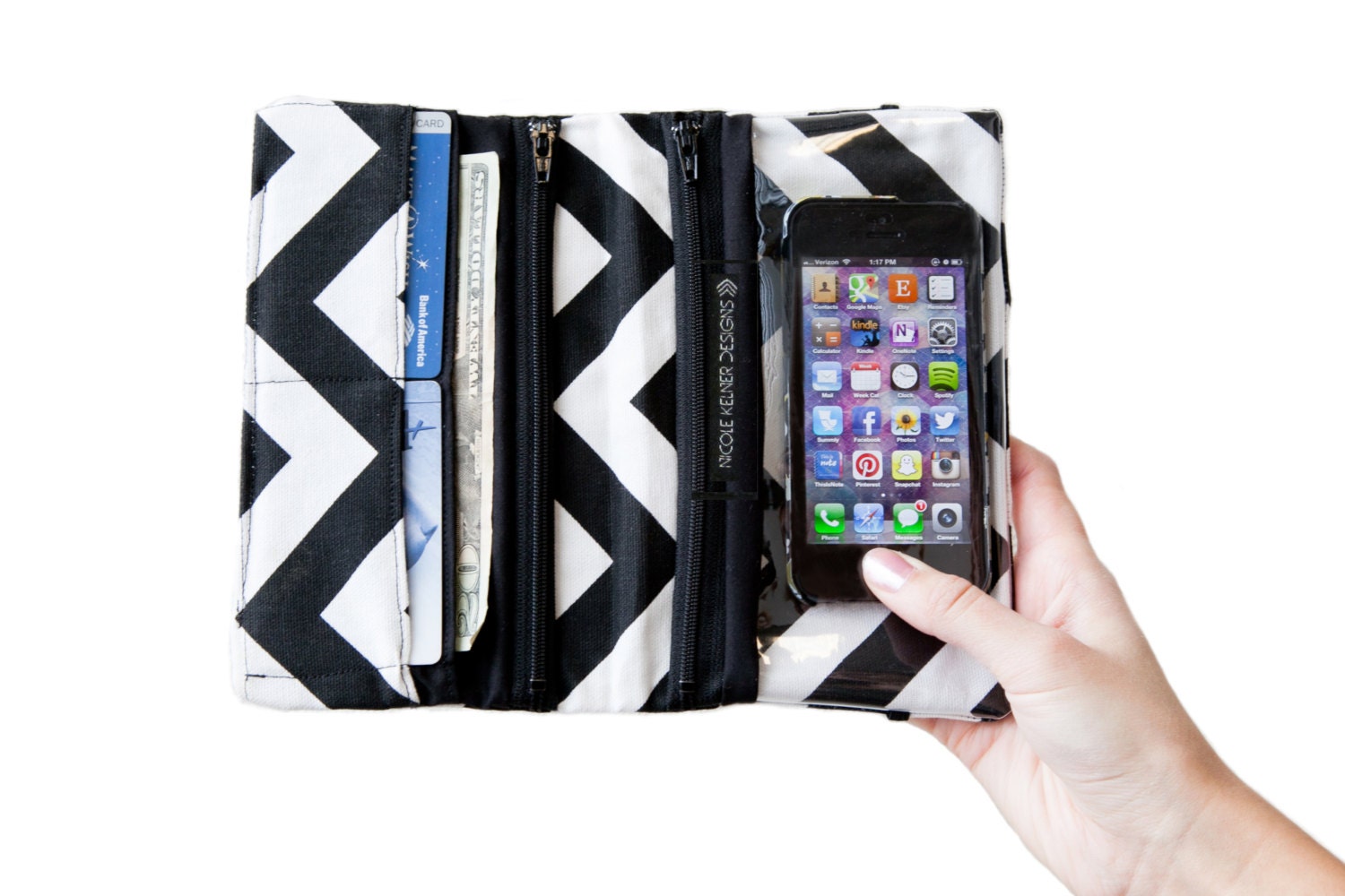 SmartPurse for iPhone and Android- Water-Resistant Plastic Pocket and Kickstand (Black&White Chevron) CUSTOM