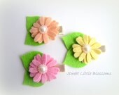 Felt Hair Clips - Pastel Easter - Spring Daisies in Bloom - Pink, Yellow, Orange - Set of 3