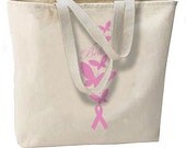 Believe Buterfly New Large Natural Cotton Tote Bag. Pink Ribbon Awareness