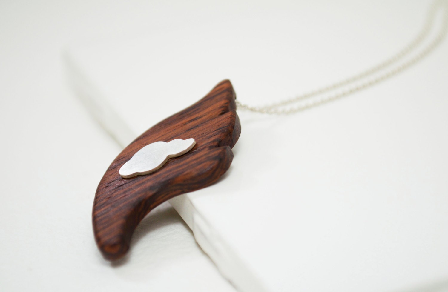 Handmade Rosewood and Silver Wing and a Prayer Necklace, Sterling Silver and Rosewood Wing, Handcarved Wooden Necklace