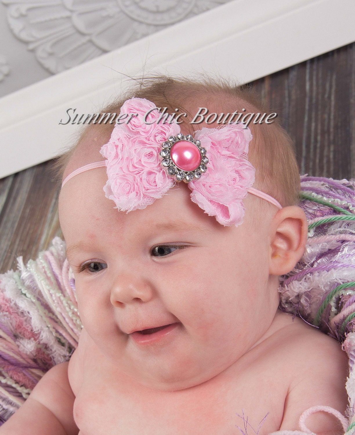 Shabby Chic Headband, Baby Headband, Infant Headband -  Light Pink Rosette Bow on skinny elastic - Easter Headband