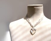 Vintage Necklace - Iridescent Clear Glass Heart, Ribbons and Beads - 1990s