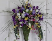 Purple Tulip Wreath, Floral Arrangement in Moss Scone for Door or Wall Decor, Easter, Spring Wreath, Holiday, Indoor Outdoor Decor