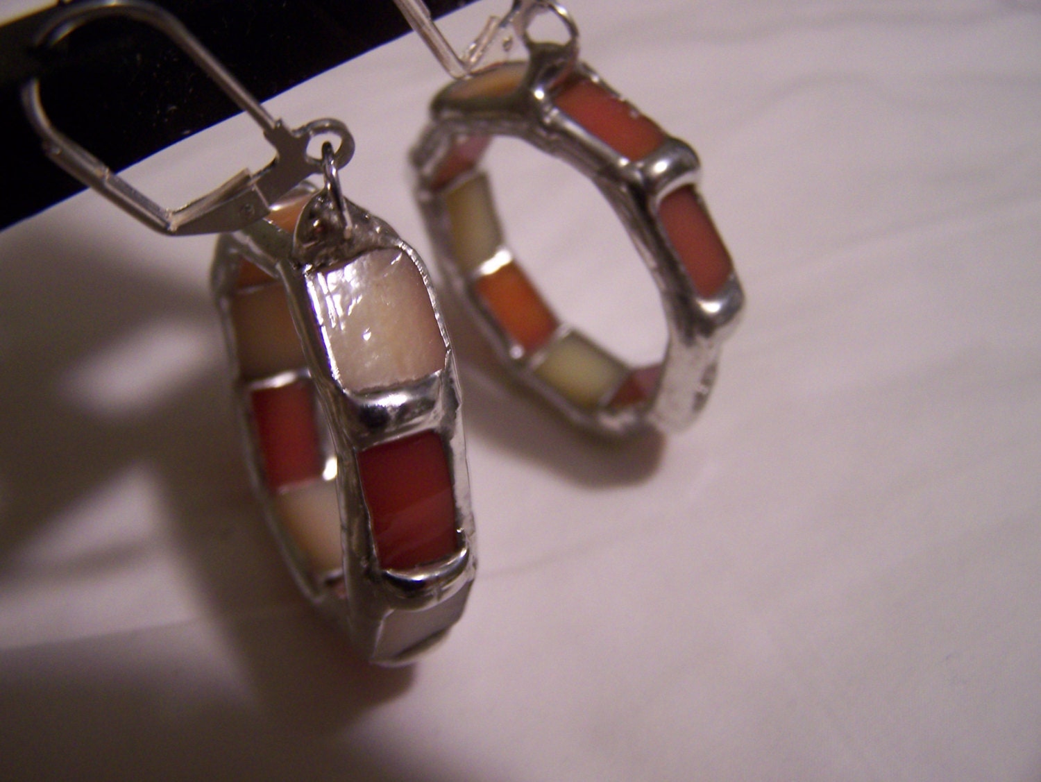 Hoop Earrings, Red & White glass, Close Clasp earring, decorative solder