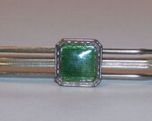 Green Guilloche Enameled Silvertone Metal Tie Clasp / Tie Bar  On Sale 5.00