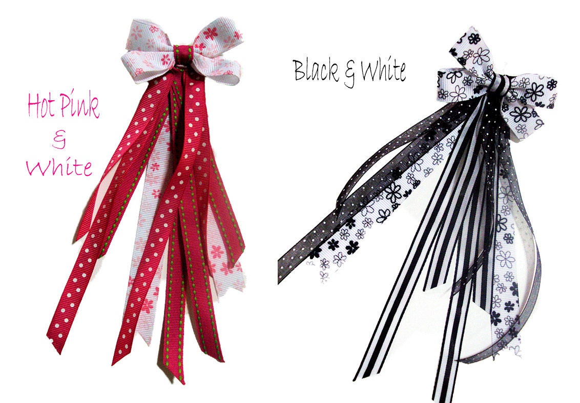 Cheer Hair Bow Ribbon Streamer Ponytail Holders- Hot Pink, White, Black
