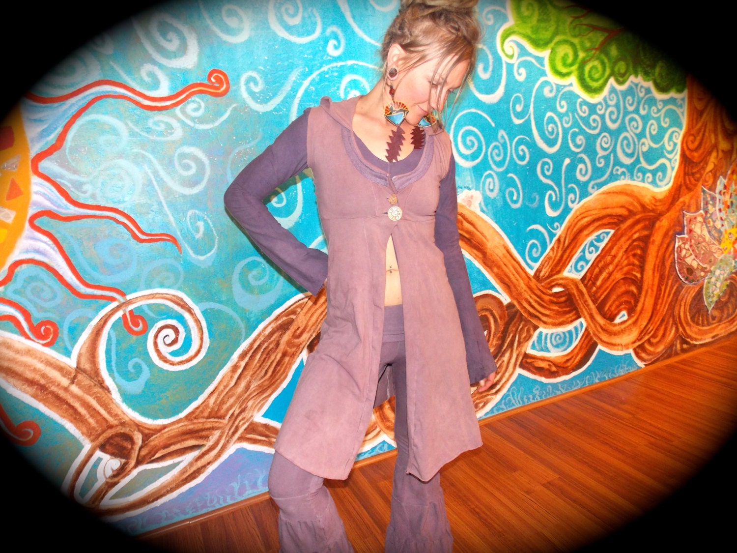 Ready to ship Chandra Long Button up Vest with Hood Organic Hemp and Cotton Dyed with Herbs in Lavendar