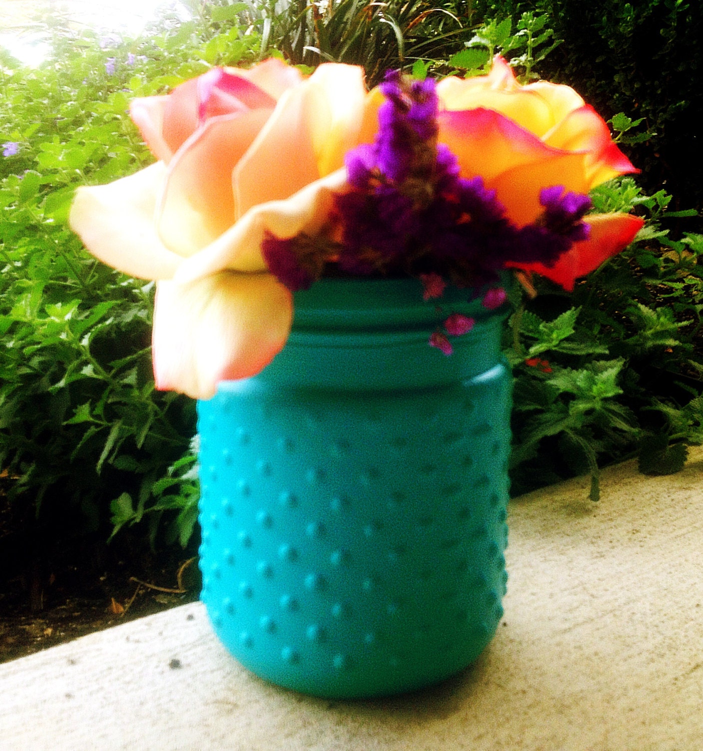 Up-cycled Glass Jar Re-Purposed - Vase with Raised Polka Dots -  - Painted in Hawaiian Turquoise