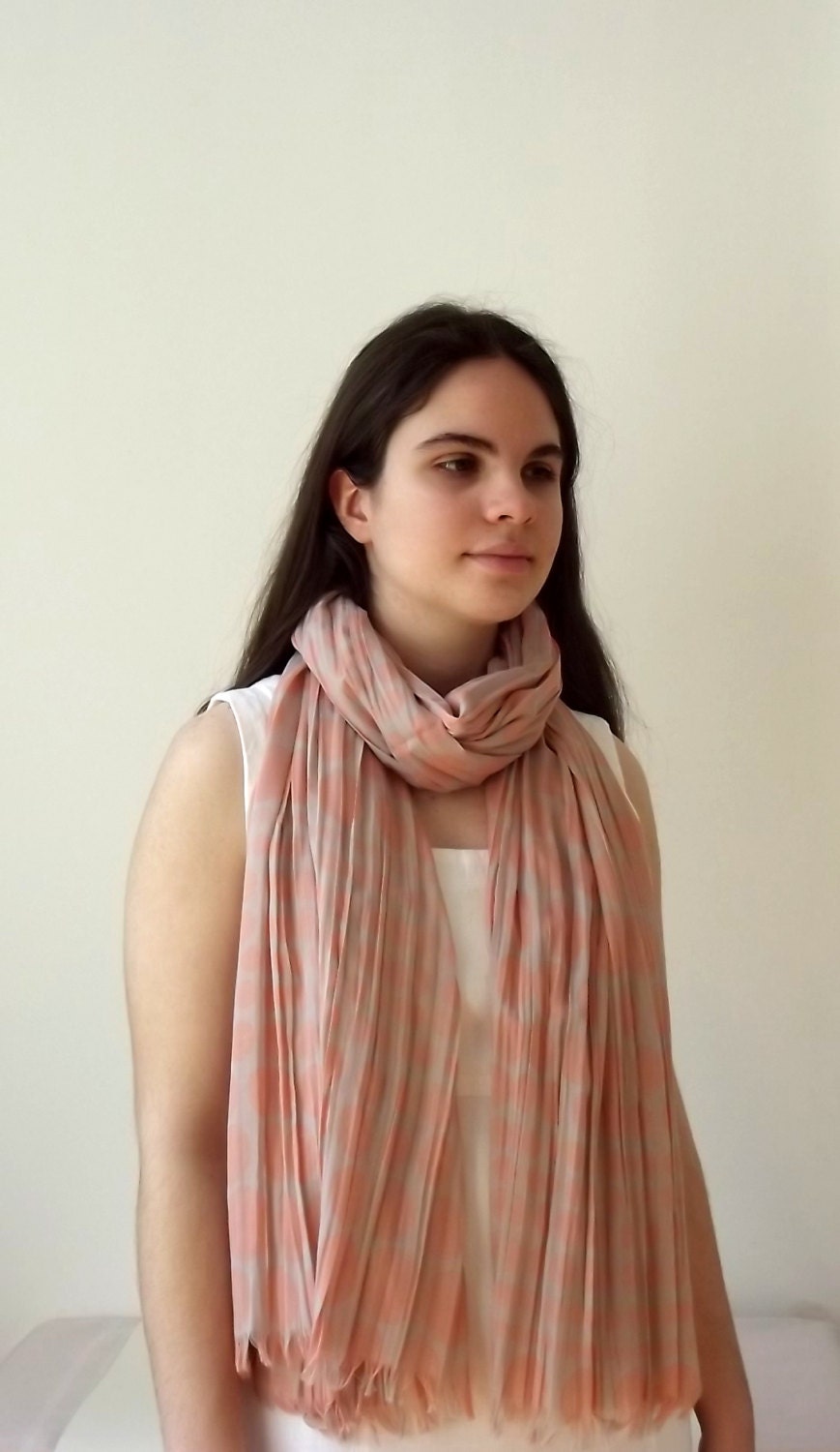 Tan Scarf  Peach Polka Dot - Crinkled Scarf - Colors of Springtime