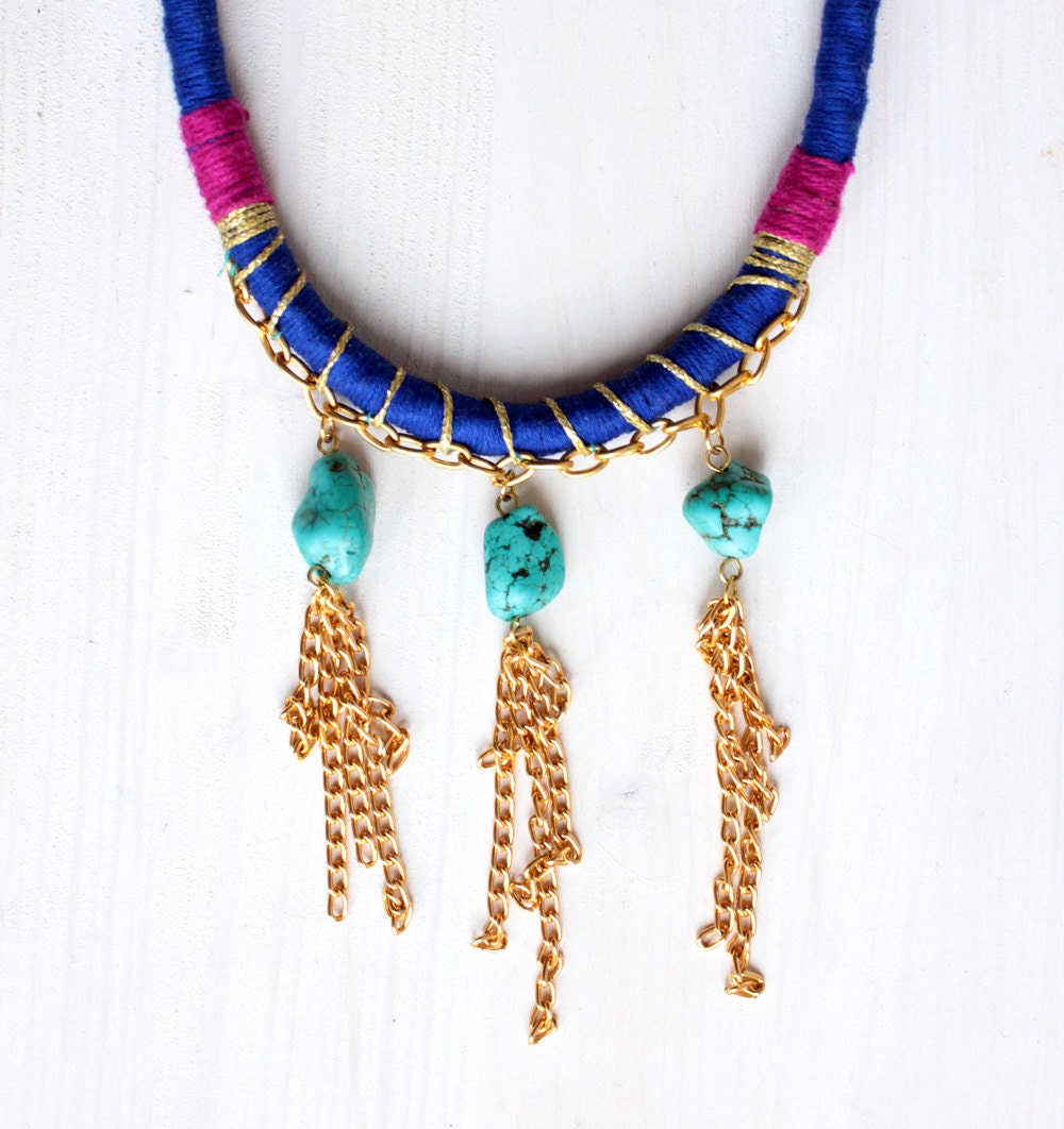 Rope and turquoise tassel necklace " Anubis" ///  Cobalt and fushia