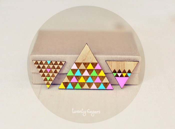 Set of Wood Brooch with Earrings Geometry Triangle ( Laser cut )